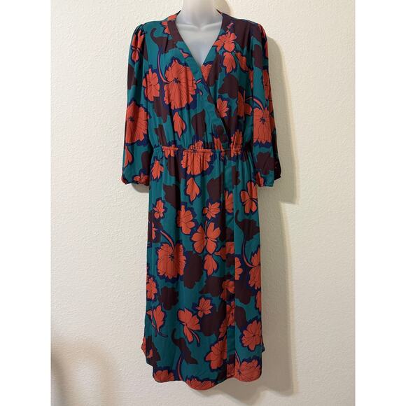 DR2 Dress Size M Surplice Puff‎ Sleeve Faux Wrap Midi Green/Orange Fall Florals - Picture 1 of 8